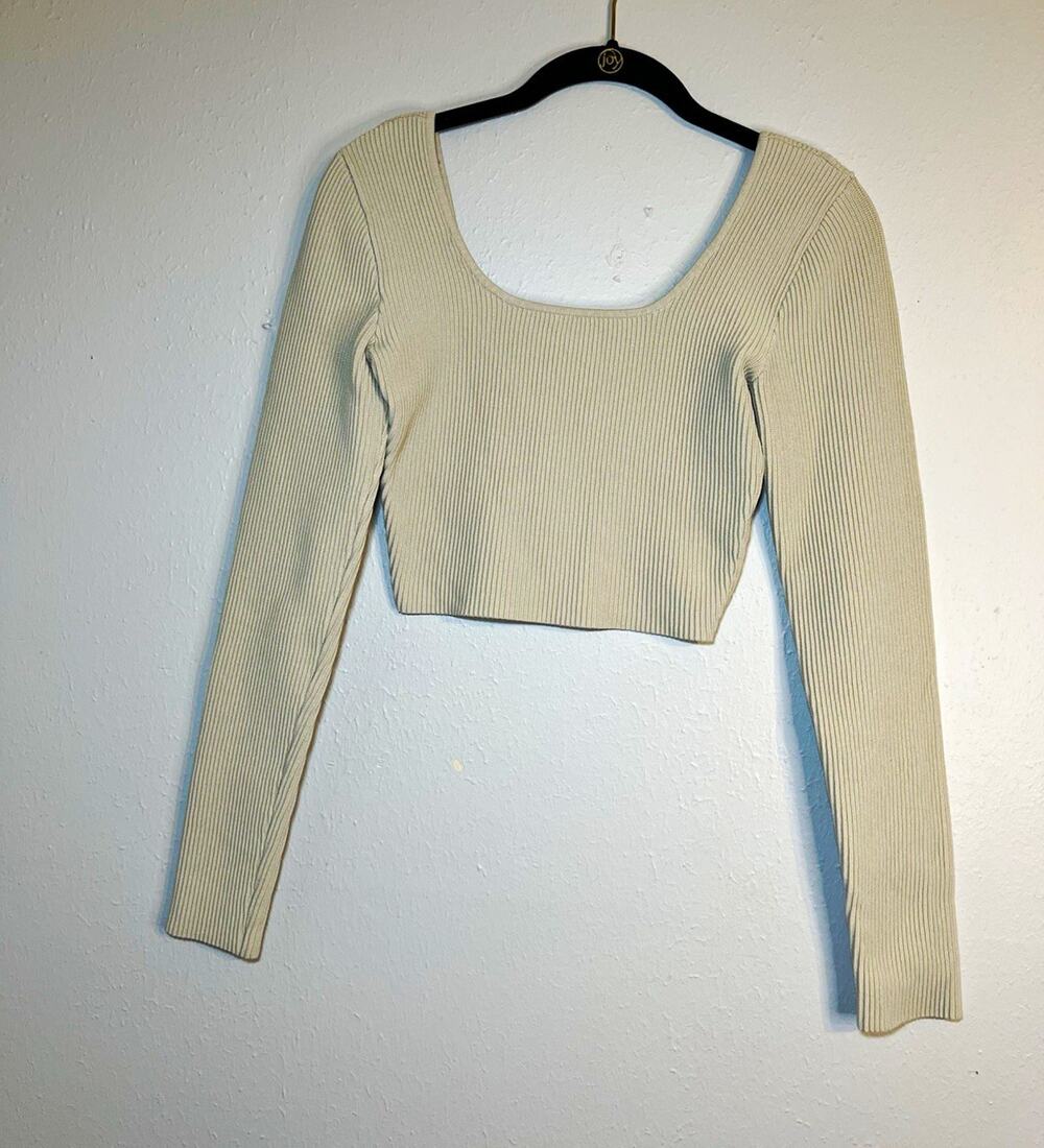 Babaton Beige Ribbed Knit Cropped Scoop Neck Long Sleeve Top Women’s S